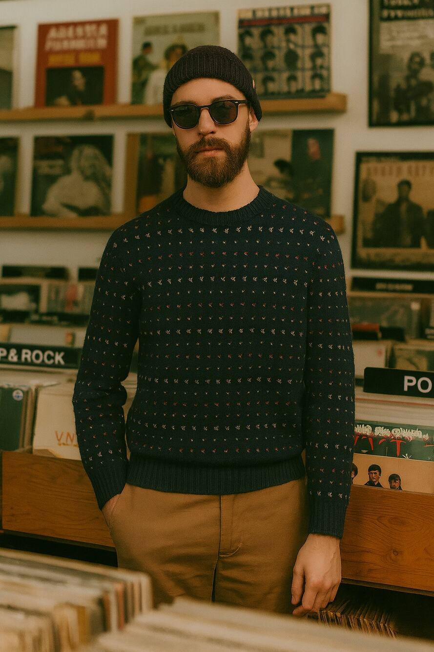The Vintage Twin Men's XL Crew Neck Knit Sweater Navy Blue Holiday Grandpa Retro